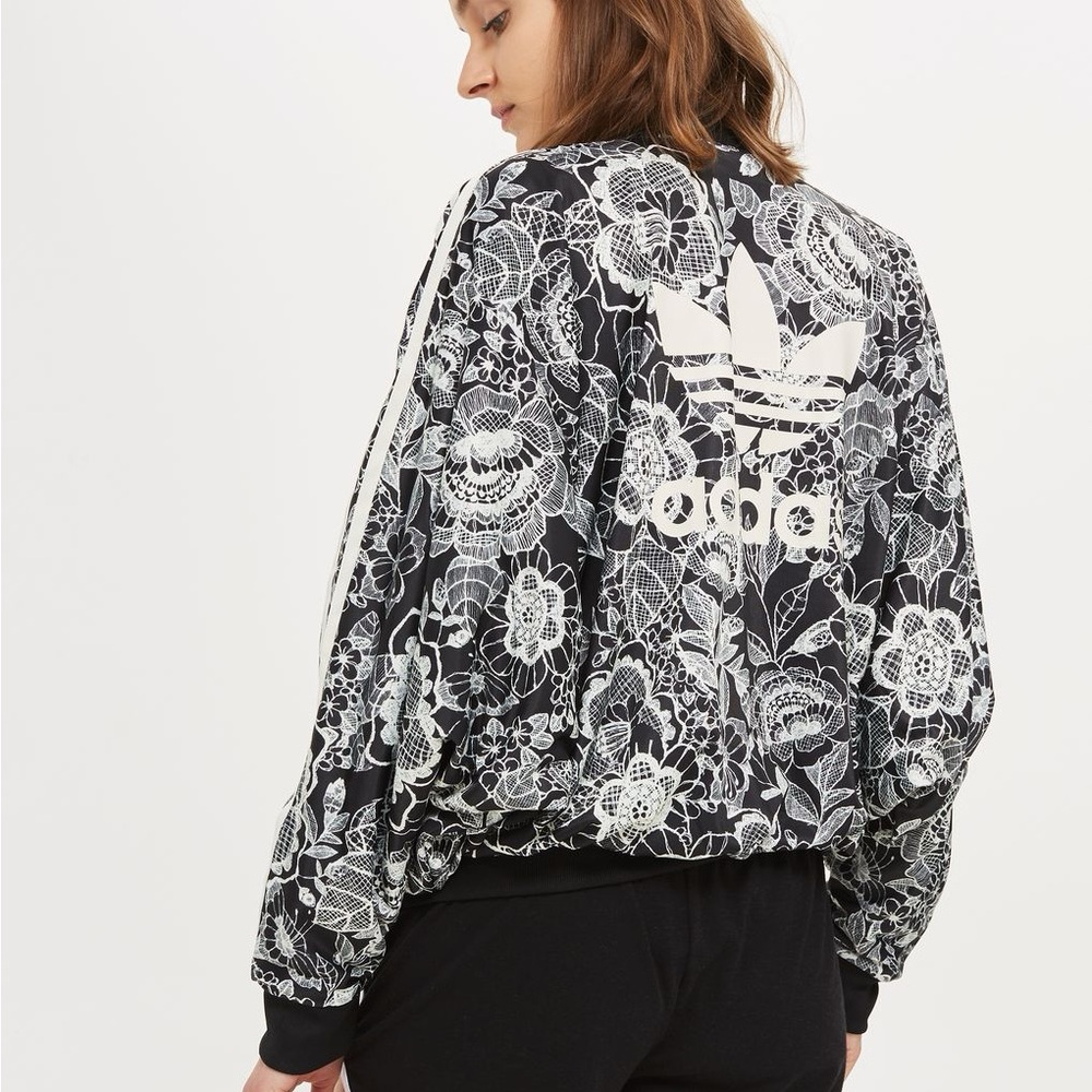 Adidas x FARM Rio Black and White Bomber Jacket with Floral Design and Batwings